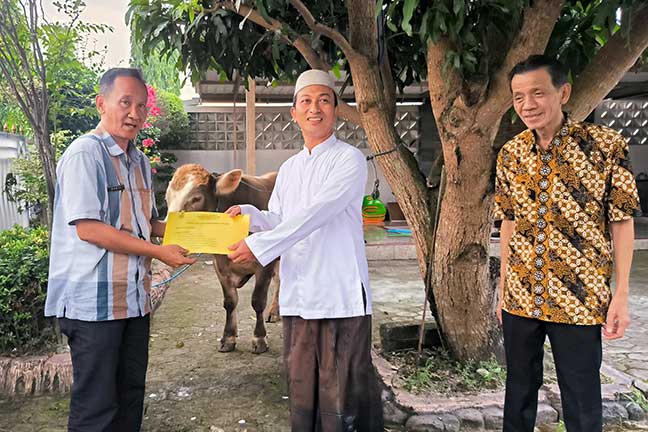 Penyerahan sapi kurban dari perwakilan Menteri ATR/BPN Nusron Wahid untuk para santri di Kabupaten Jombang, Jawa Timur.